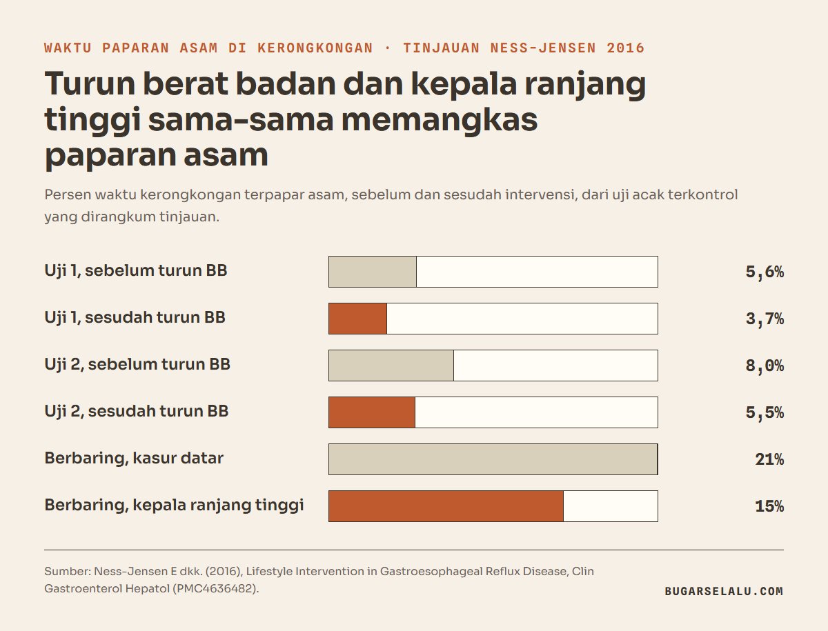 Diagram batang waktu paparan asam kerongkongan: uji pertama turun dari 5,6 ke 3,7 persen dan uji kedua dari 8,0 ke 5,5 persen setelah penurunan berat badan; saat berbaring turun dari 21 persen dengan kasur datar ke 15 persen dengan kepala ranjang ditinggikan