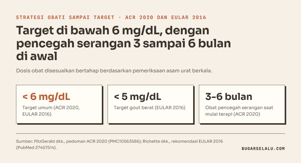Kartu angka strategi obati sampai target: target umum di bawah 6 mg/dL, target gout berat di bawah 5 mg/dL, obat pencegah serangan selama 3 sampai 6 bulan saat mulai terapi