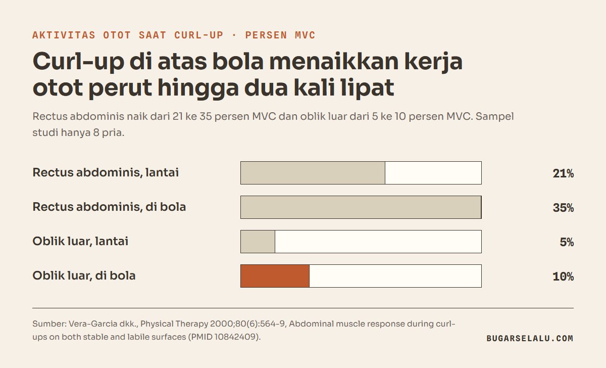 Diagram batang aktivitas otot saat curl-up: rectus abdominis 21 persen MVC di permukaan stabil dan 35 persen di atas bola, oblik luar 5 persen di permukaan stabil dan 10 persen di atas bola