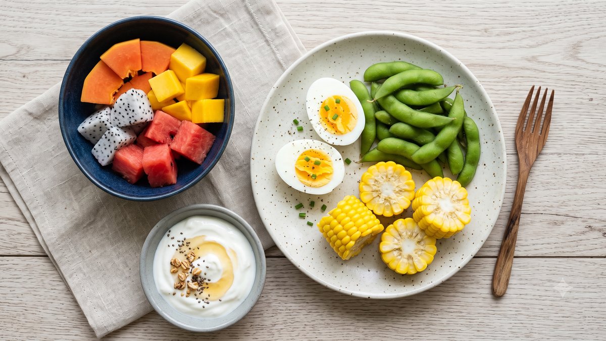 Piring berisi telur rebus, edamame, jagung rebus, dan potongan pepaya sebagai camilan rendah kalori