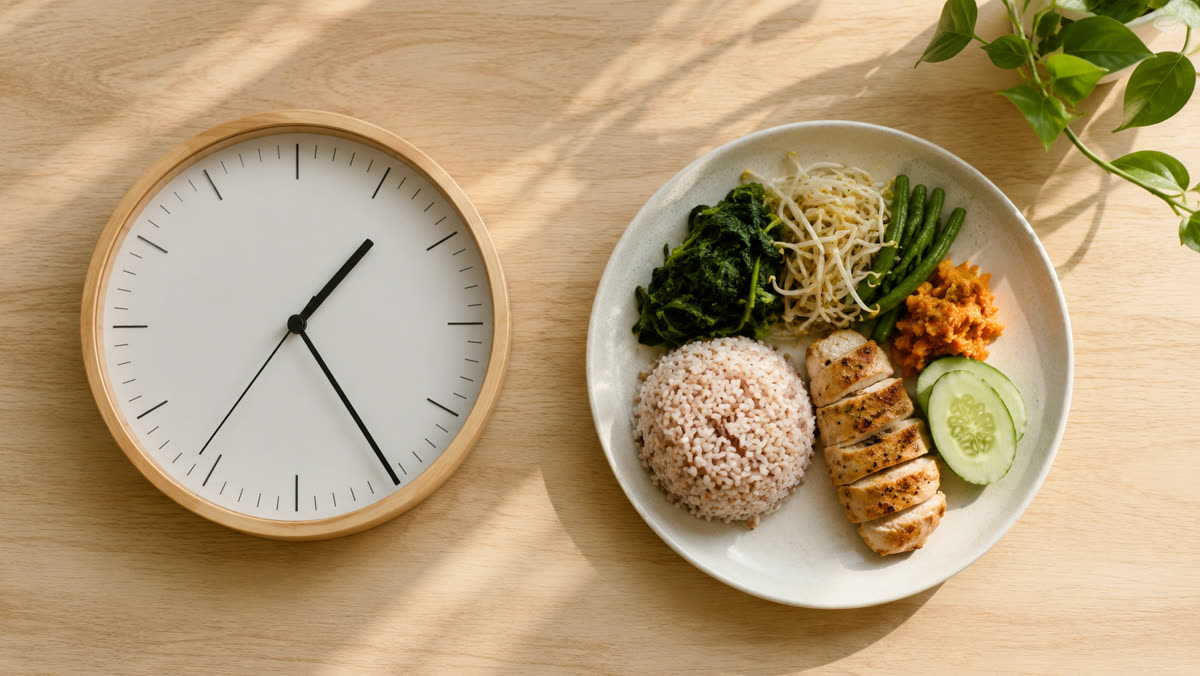 Jam dinding di samping piring berisi makanan seimbang sebagai gambaran jendela makan pada diet intermittent fasting