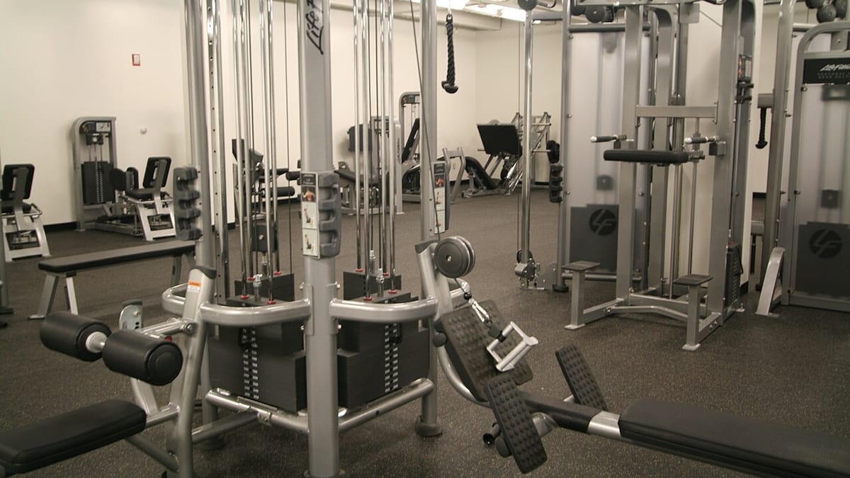 Ruang gym yang sepi dengan deretan mesin kabel multifungsi, mesin dayung, dan alat beban di atas lantai karet