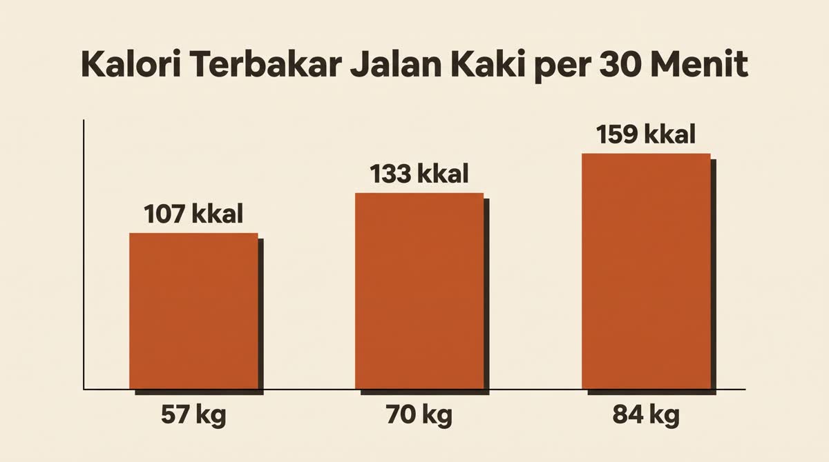 Grafik batang kalori terbakar jalan kaki cepat selama 30 menit pada tiga kelompok berat badan, dari 107 kkal untuk 57 kg sampai 159 kkal untuk 84 kg