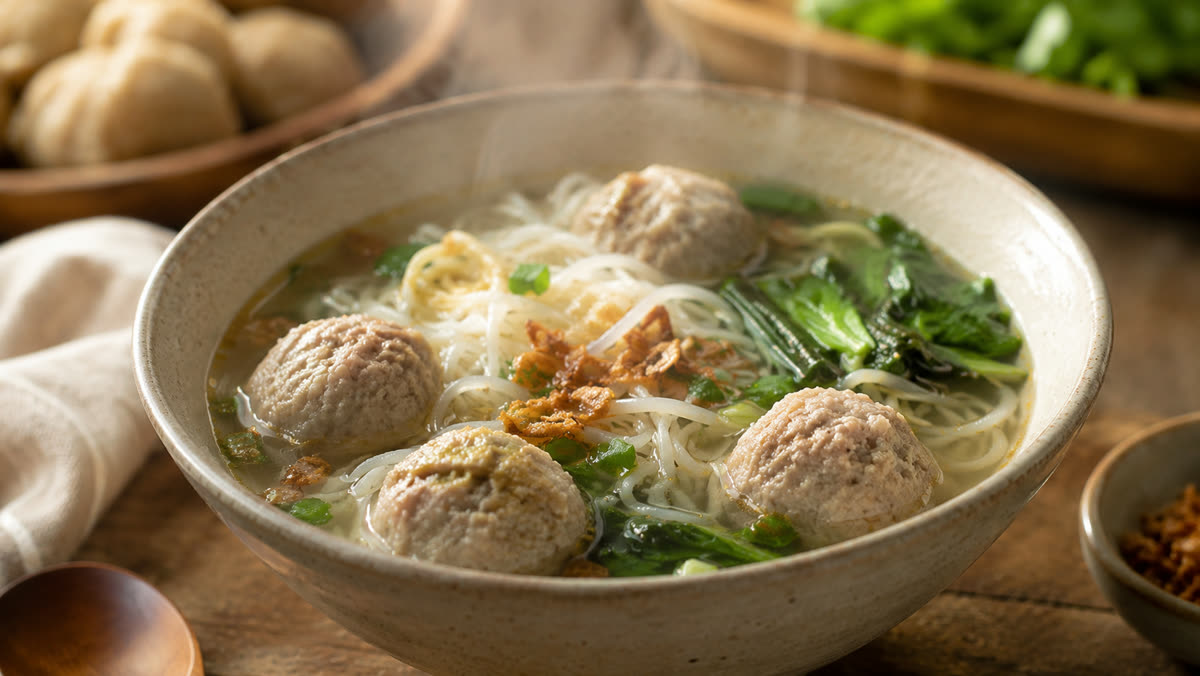 Semangkuk bakso kuah dengan mie kuning, bihun, tahu, dan taburan bawang goreng di atas meja