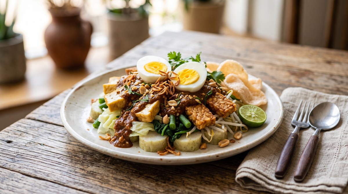 Sepiring gado-gado berisi sayuran rebus, lontong, telur, dan siraman bumbu kacang kental