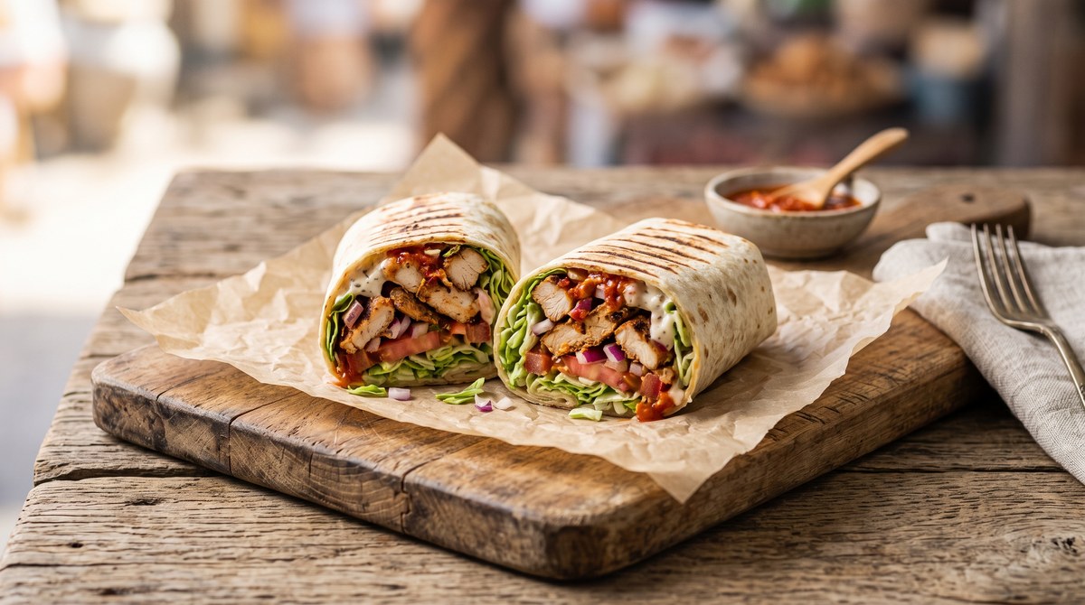 Kebab Turki dibelah dua memperlihatkan isian daging, sayur segar, keju, dan saus di dalam tortilla gandum