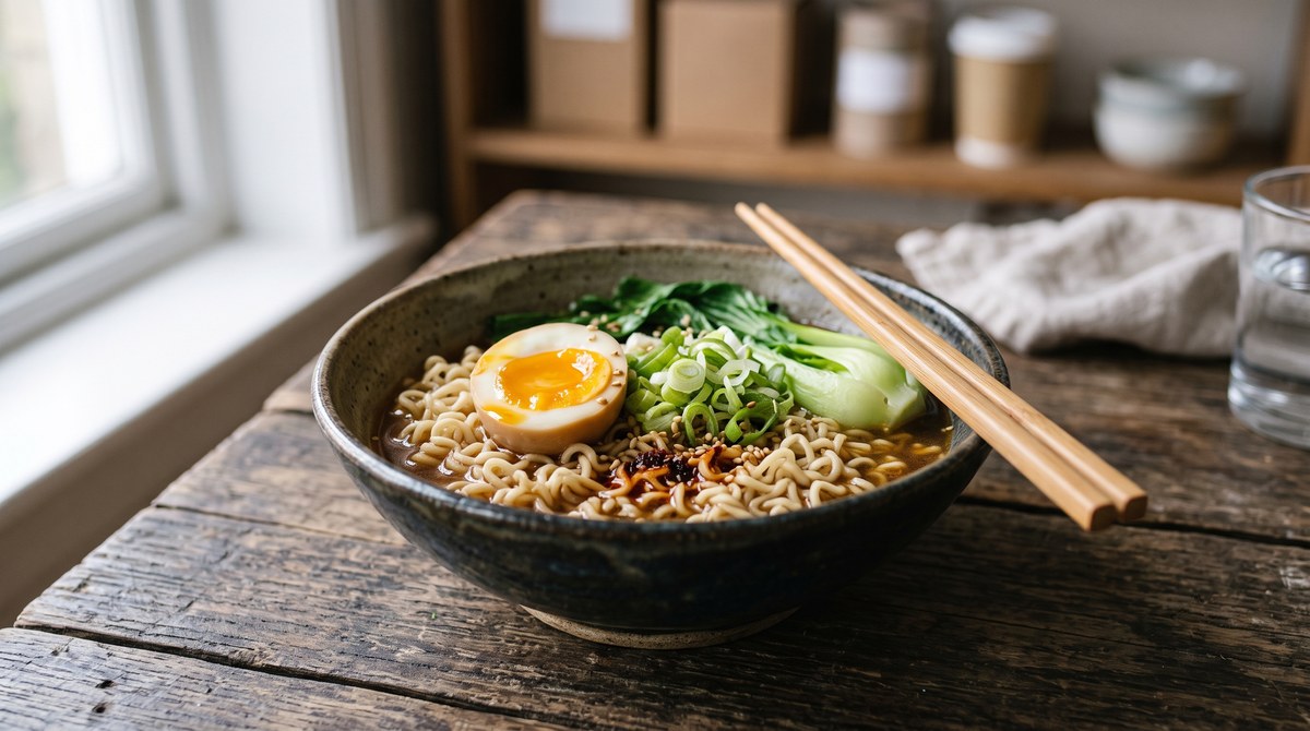 Semangkuk mie instan matang dengan telur rebus dan sayuran hijau di sampingnya