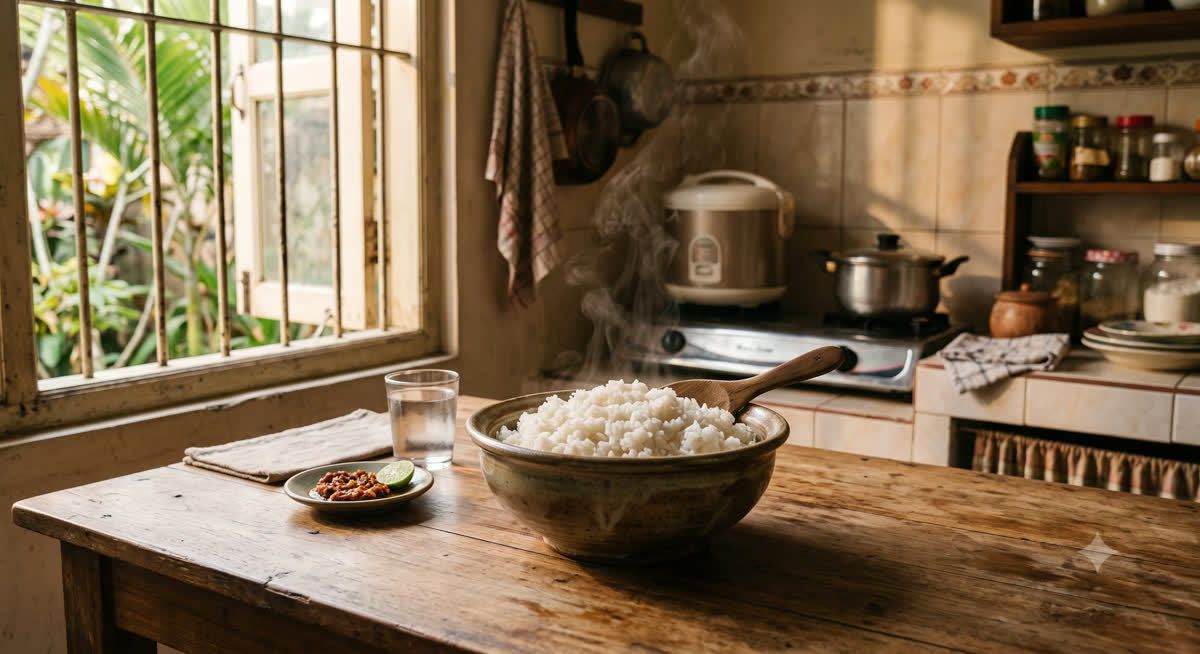 Sepiring nasi putih hangat di atas meja kayu dengan timbangan dapur dan sumpit di sampingnya
