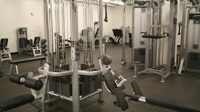 Ruang gym yang sepi dengan deretan mesin kabel multifungsi, mesin dayung, dan alat beban di atas lantai karet