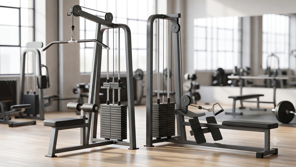 Pria melakukan gerakan seated row di mesin gym dengan punggung tegak dan tulang belikat ditarik ke belakang