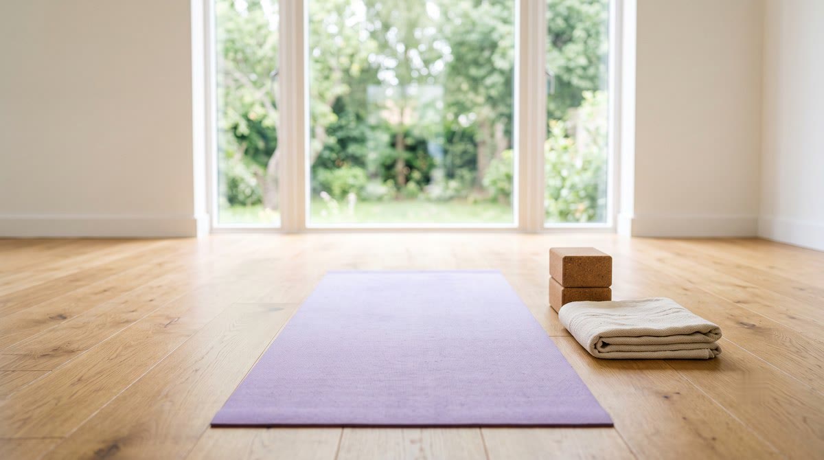 Perempuan pemula melakukan pose yoga sederhana di atas matras di ruang tamu dengan cahaya pagi