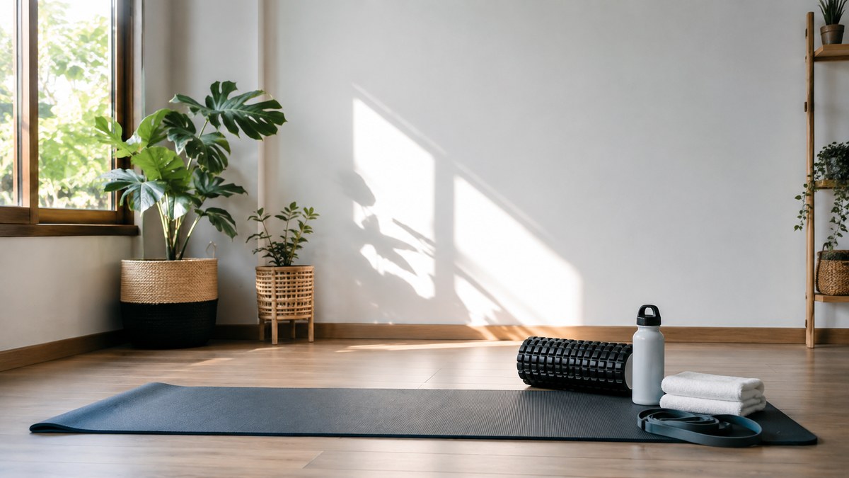 Sudut rumah yang terang dengan matras yoga terbuka di lantai, foam roller dan resistance band di sampingnya, handuk putih terlipat dan botol minum polos, disinari cahaya pagi dari jendela