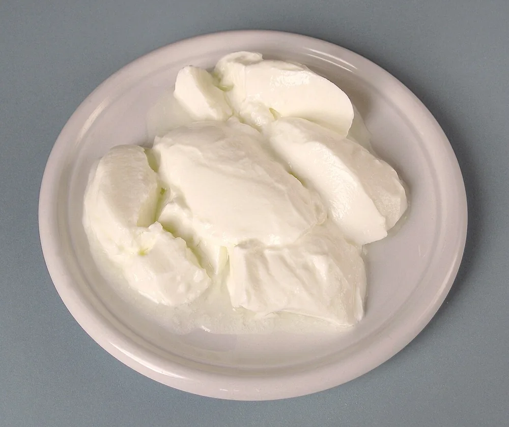Yogurt putih tanpa topping di dalam mangkuk kecil.