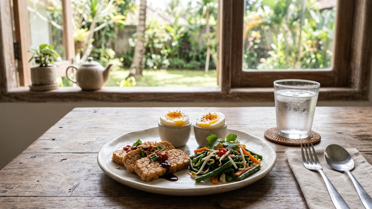 Meja sarapan sederhana berisi telur rebus, tumis bayam, oat, dan pisang di piring putih