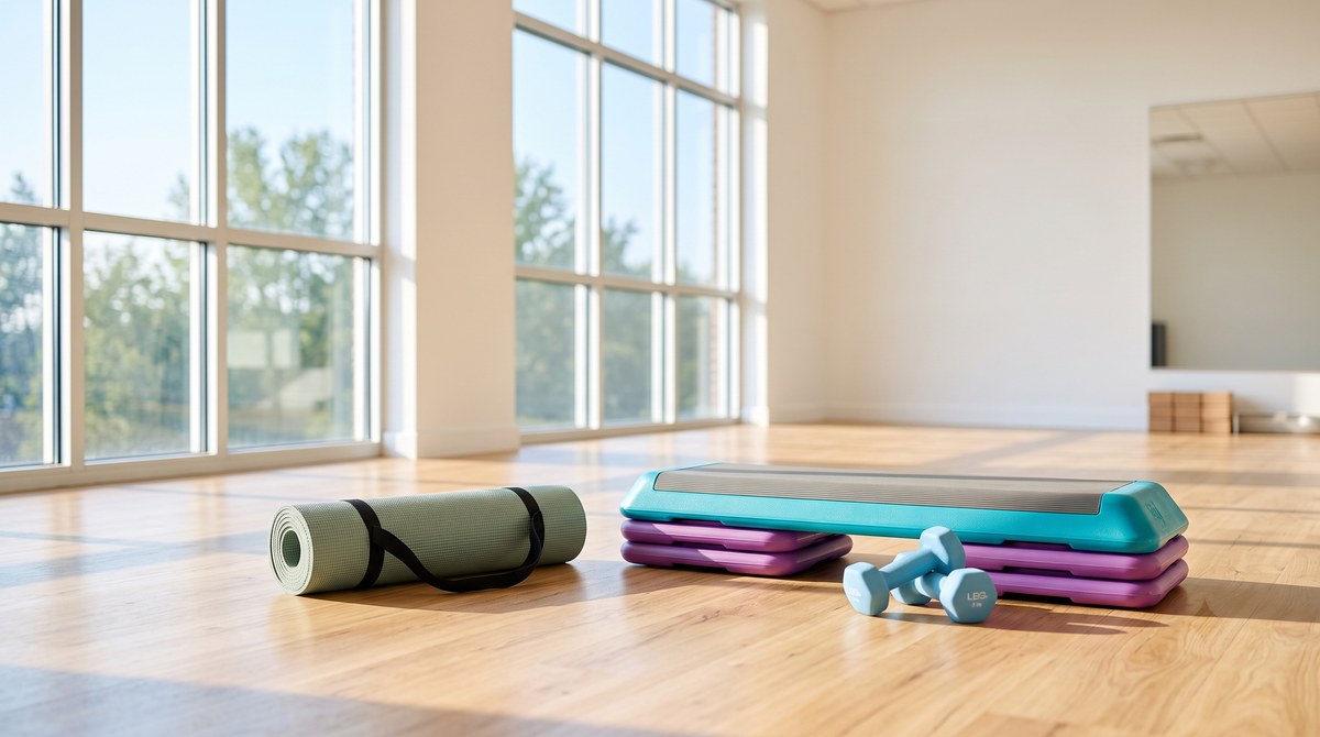 Matras tergulung, sepasang dumbbell, dan step platform aerobik di studio senam berlantai kayu