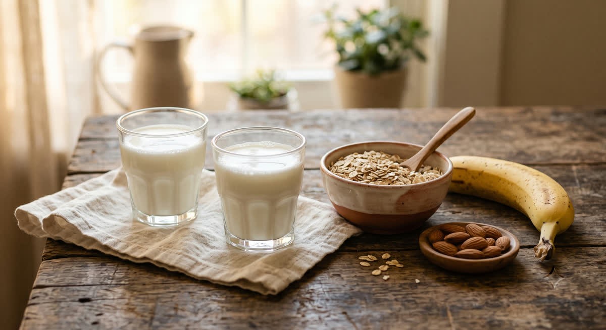 Segelas susu tinggi kalori dengan pisang dan oat sebagai bahan smoothie untuk menambah berat badan