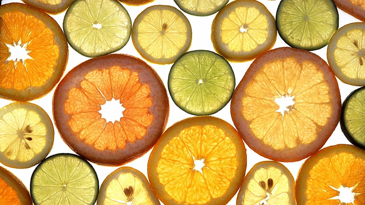 Irisan tipis aneka buah jeruk seperti jeruk manis, lemon, jeruk nipis, dan grapefruit yang disinari dari belakang.