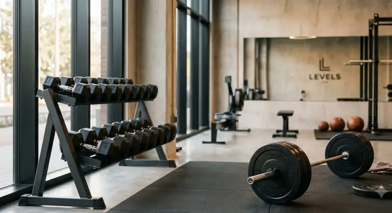 Ruang gym dengan dumbbell dan barbel